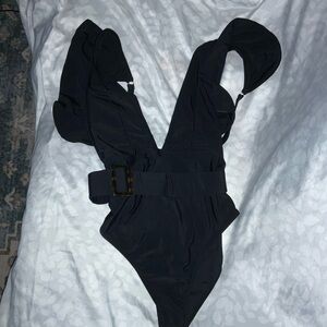 Plunging deep V Belted Black Swimsuit Rave WhimsyGoth Festival Costume